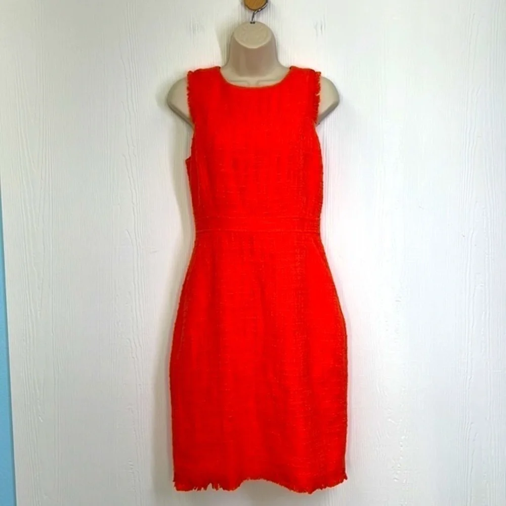 J Crew - Neon Persimmon Sheath Textured Tweed Midi Sleeveless Dress Size 4